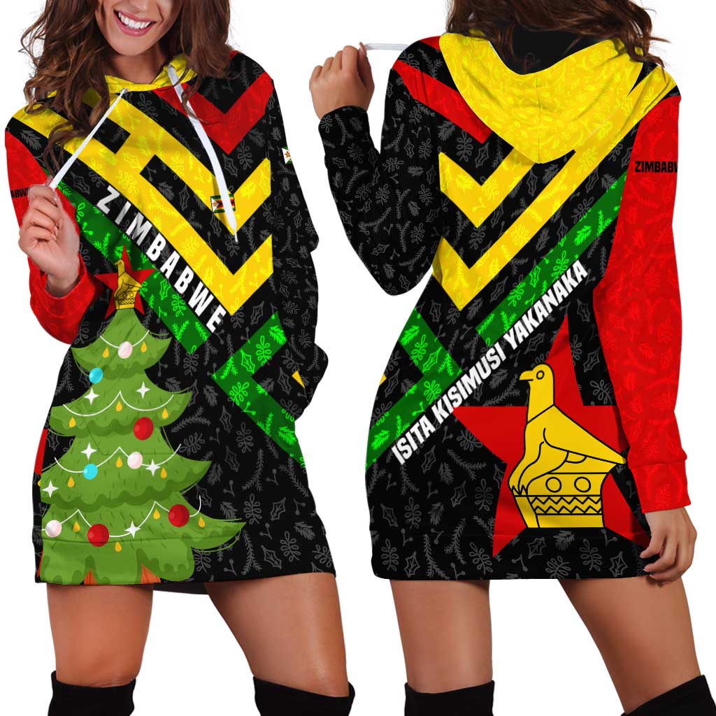 Zimbabwe Christmas Hoodie Dress with Flag Colors Xmas Tree and Holiday - Wonder Print Shop
