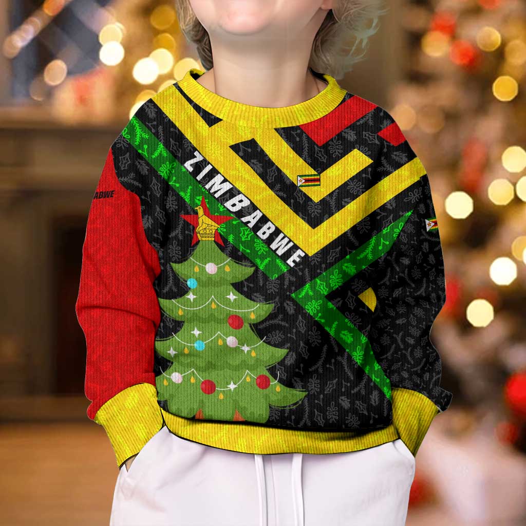 Zimbabwe Christmas Kid Ugly Christmas Sweater with Flag Colors Xmas Tree and Holiday - Wonder Print Shop