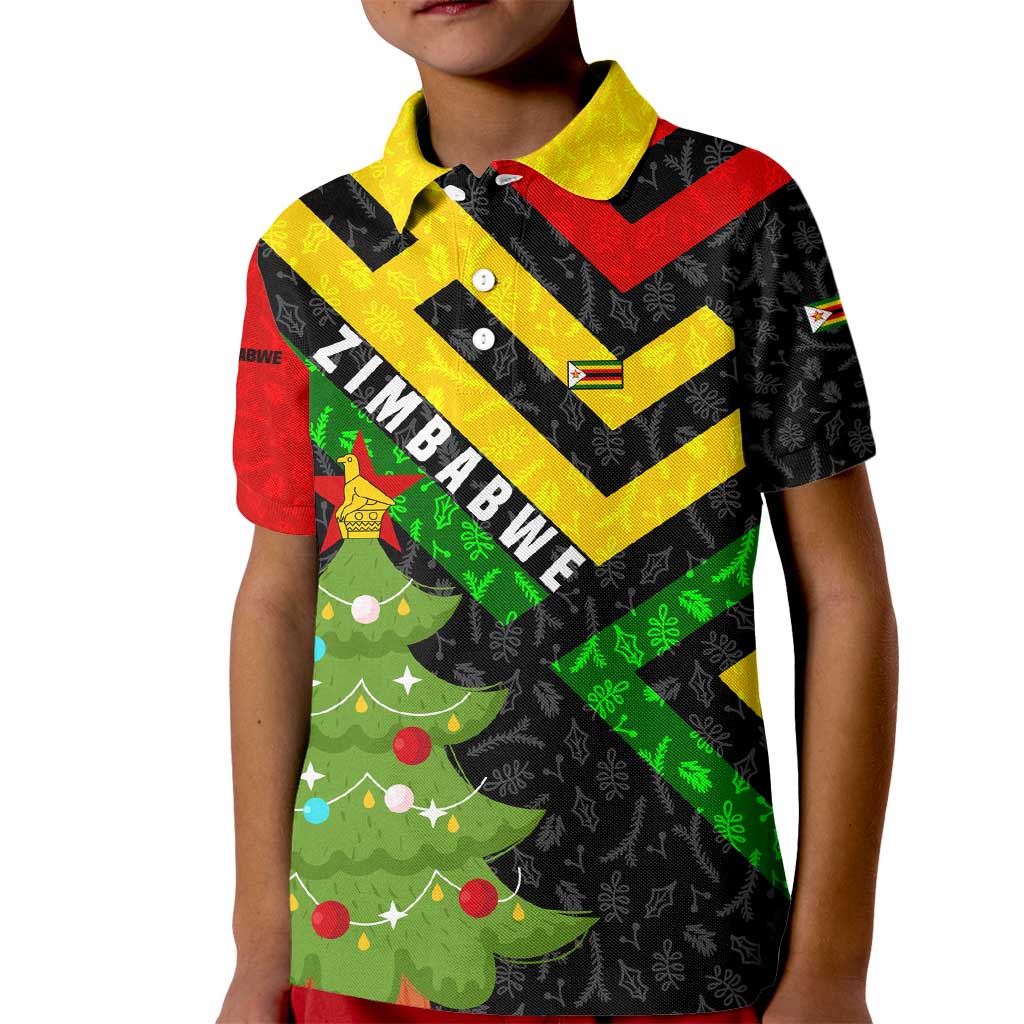 Zimbabwe Christmas Kid Polo Shirt with Flag Colors Xmas Tree and Holiday - Wonder Print Shop