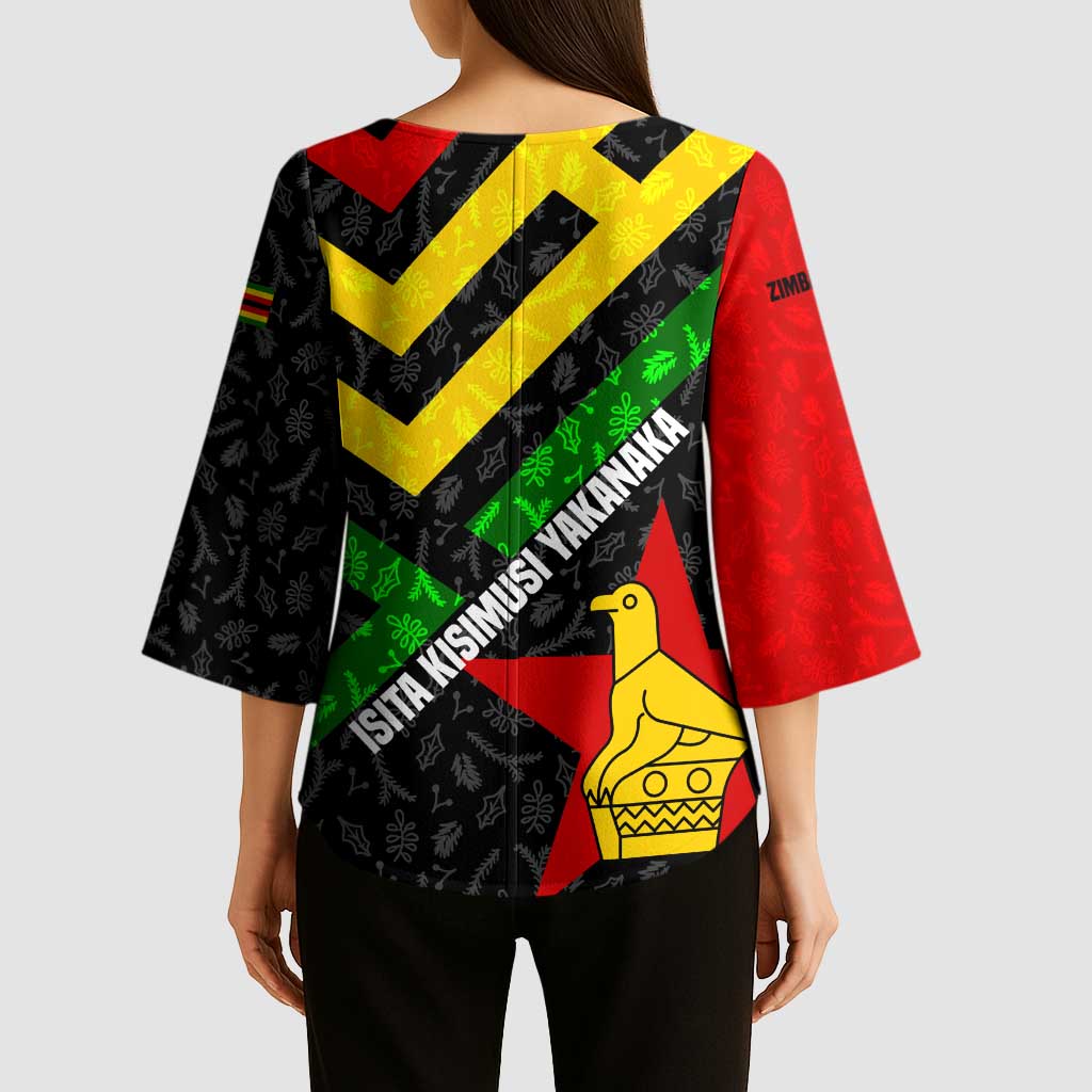 Zimbabwe Christmas Kimono Sleeve Blouse with Flag Colors Xmas Tree and Holiday - Wonder Print Shop