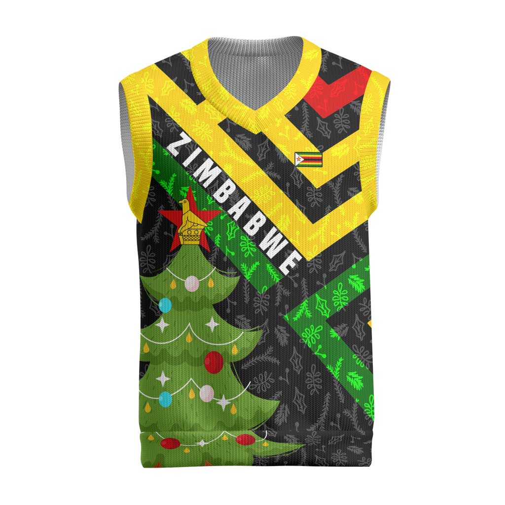 Zimbabwe Christmas Knitted V-Neck Vest with Flag Colors Xmas Tree and Holiday - Wonder Print Shop