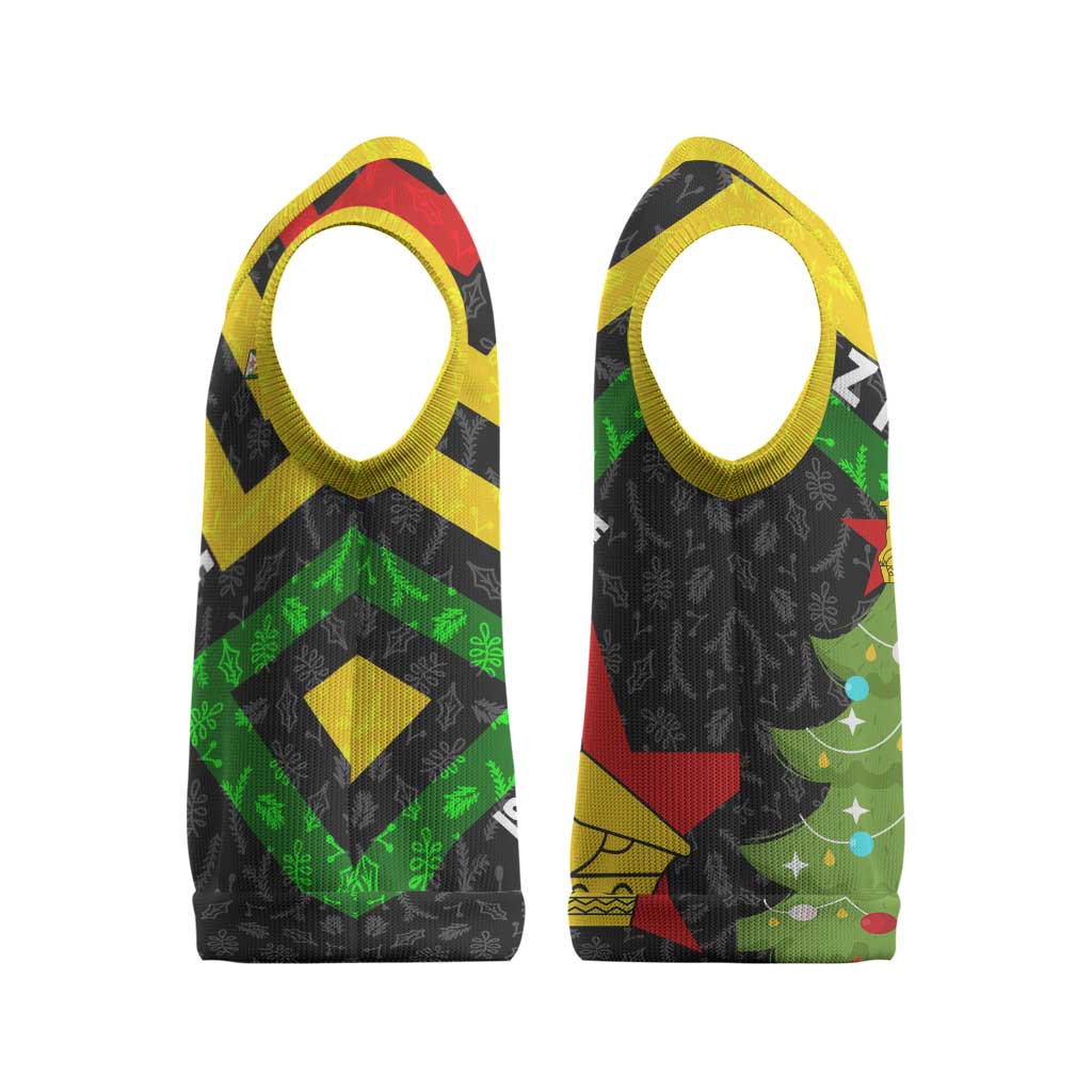 Zimbabwe Christmas Knitted V-Neck Vest with Flag Colors Xmas Tree and Holiday - Wonder Print Shop