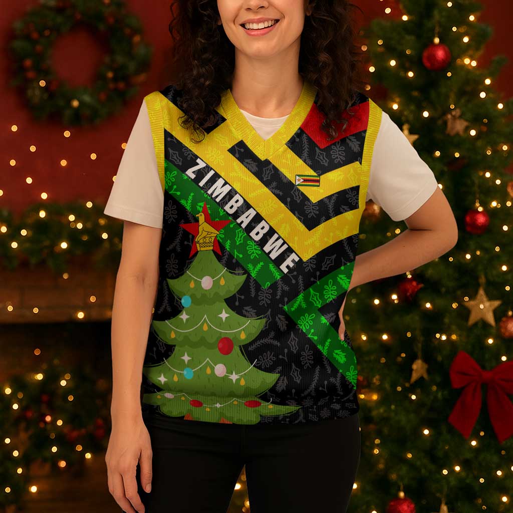 Zimbabwe Christmas Knitted V-Neck Vest with Flag Colors Xmas Tree and Holiday - Wonder Print Shop