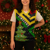 Zimbabwe Christmas Knitted V-Neck Vest with Flag Colors Xmas Tree and Holiday - Wonder Print Shop