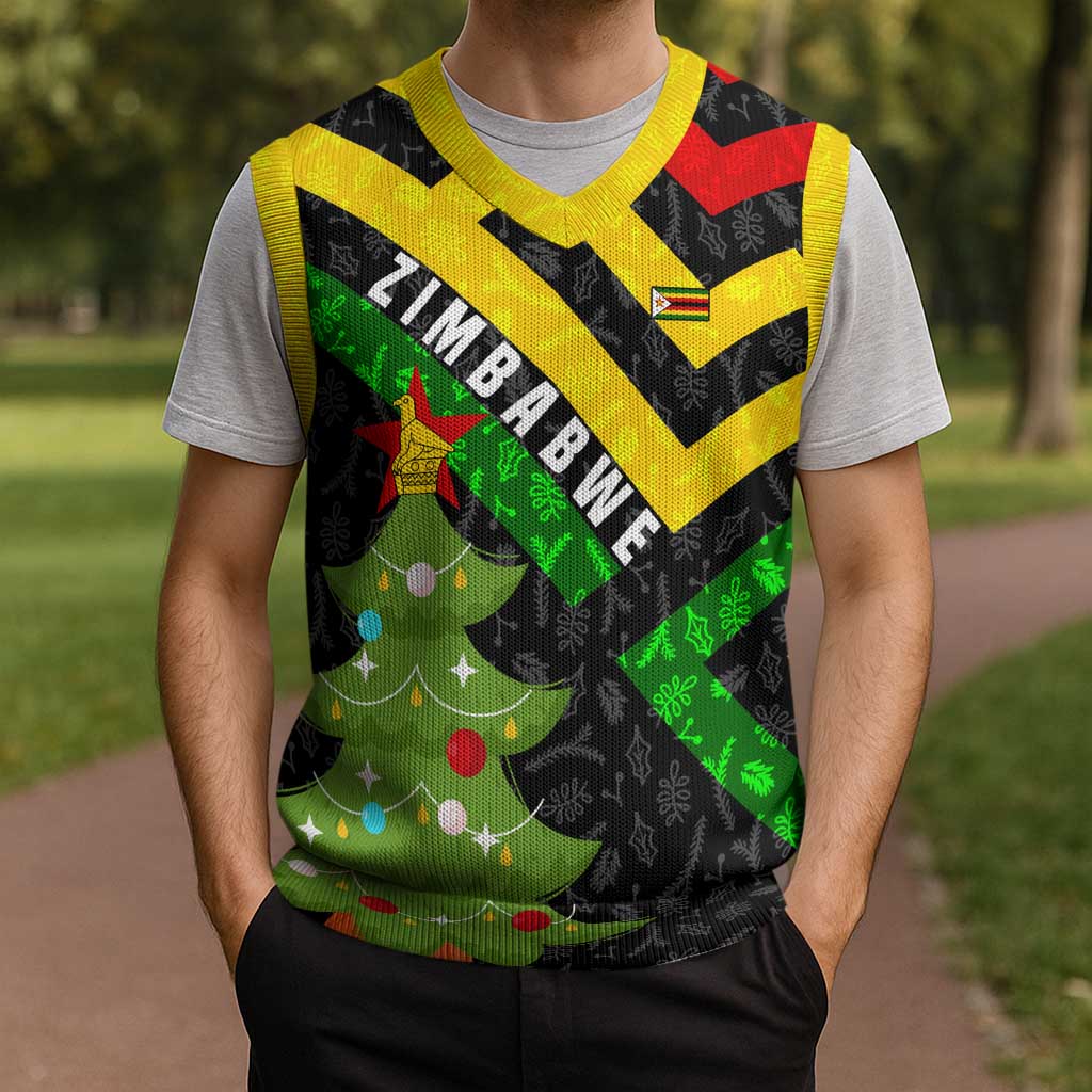 Zimbabwe Christmas Knitted V-Neck Vest with Flag Colors Xmas Tree and Holiday - Wonder Print Shop