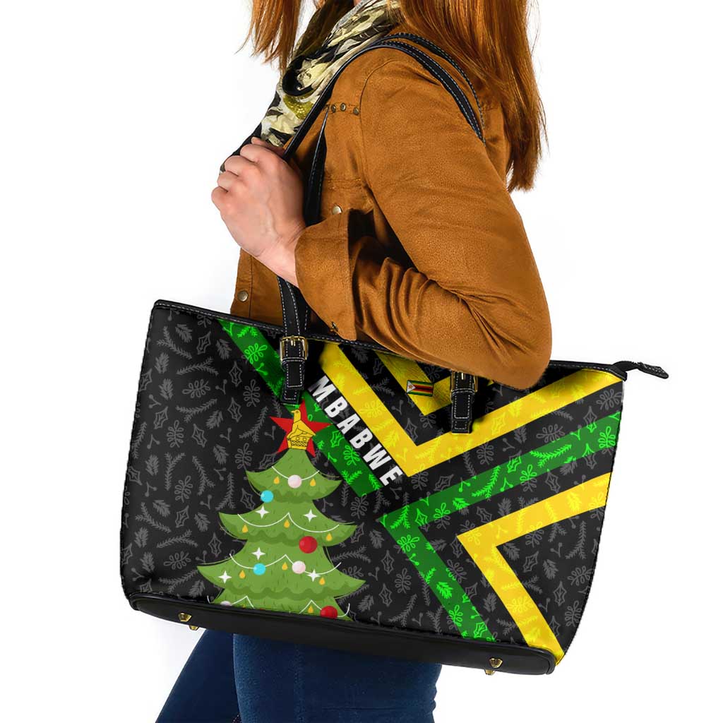 Zimbabwe Christmas Leather Tote Bag with Flag Colors Xmas Tree and Holiday - Wonder Print Shop