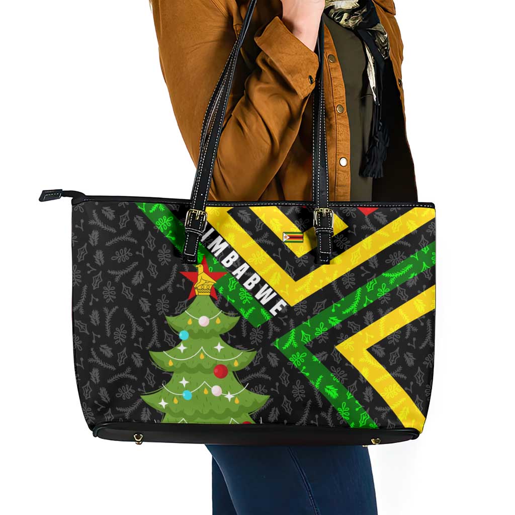 Zimbabwe Christmas Leather Tote Bag with Flag Colors Xmas Tree and Holiday - Wonder Print Shop