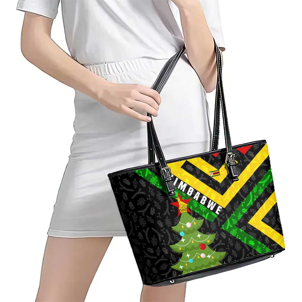 Zimbabwe Christmas Leather Tote Bag with Flag Colors Xmas Tree and Holiday - Wonder Print Shop