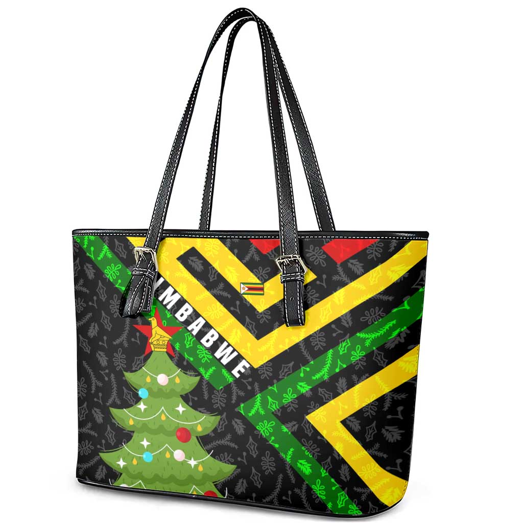 Zimbabwe Christmas Leather Tote Bag with Flag Colors Xmas Tree and Holiday - Wonder Print Shop