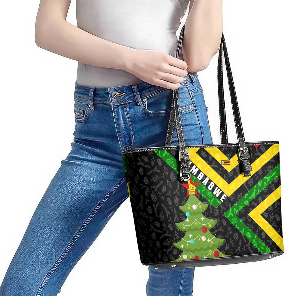Zimbabwe Christmas Leather Tote Bag with Flag Colors Xmas Tree and Holiday - Wonder Print Shop