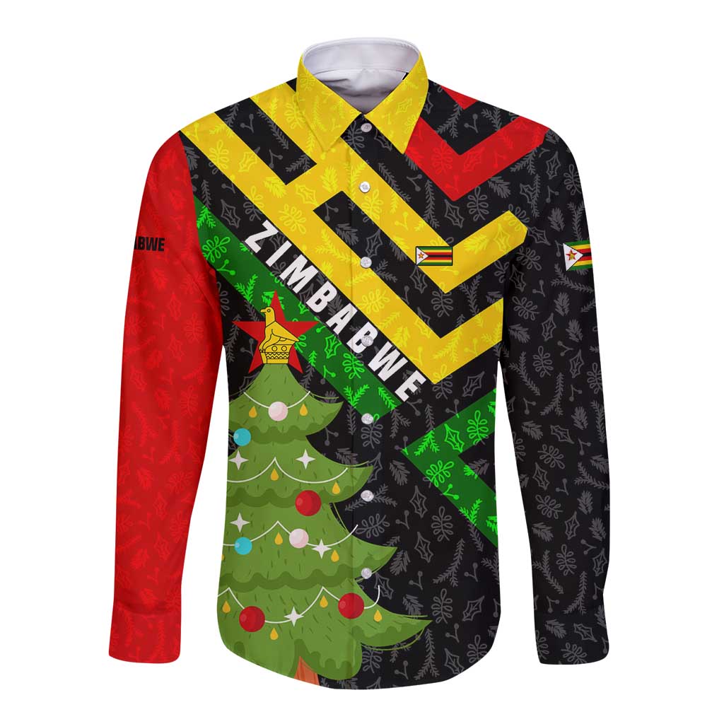 Zimbabwe Christmas Long Sleeve Button Shirt with Flag Colors Xmas Tree and Holiday - Wonder Print Shop