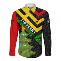 Zimbabwe Christmas Long Sleeve Button Shirt with Flag Colors Xmas Tree and Holiday - Wonder Print Shop