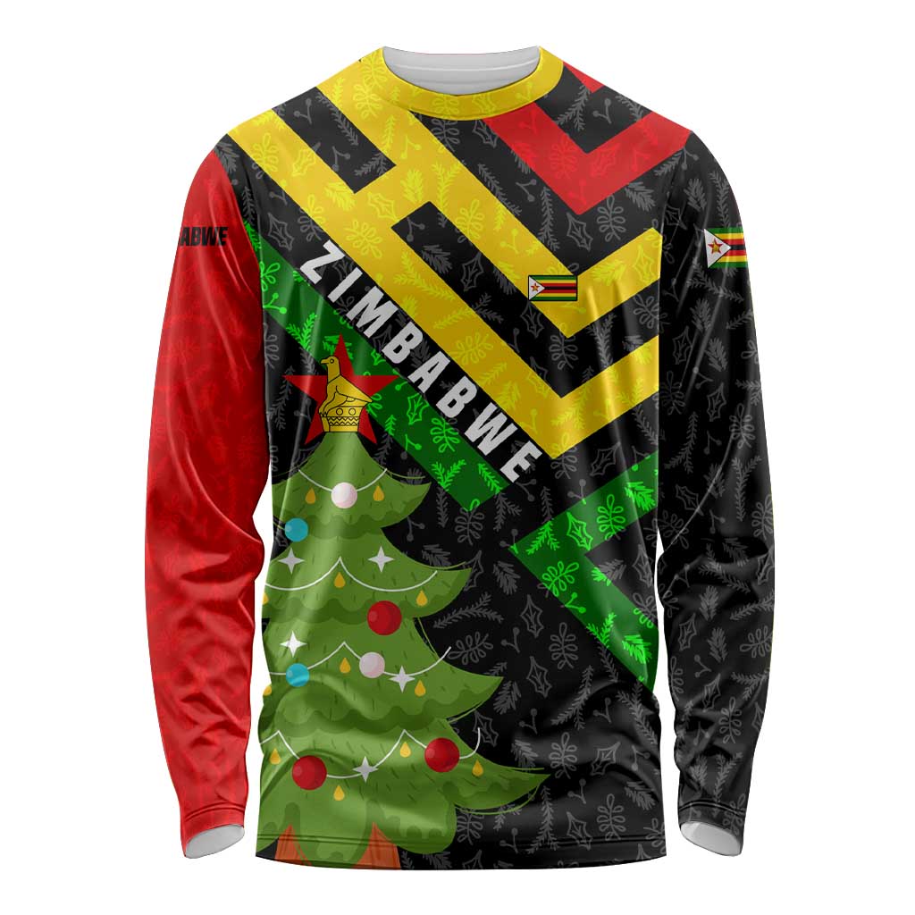 Zimbabwe Christmas Long Sleeve Shirt with Flag Colors Xmas Tree and Holiday - Wonder Print Shop