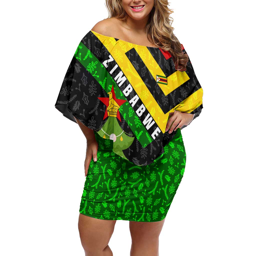 Zimbabwe Christmas Off Shoulder Short Dress with Flag Colors Xmas Tree and Holiday - Wonder Print Shop