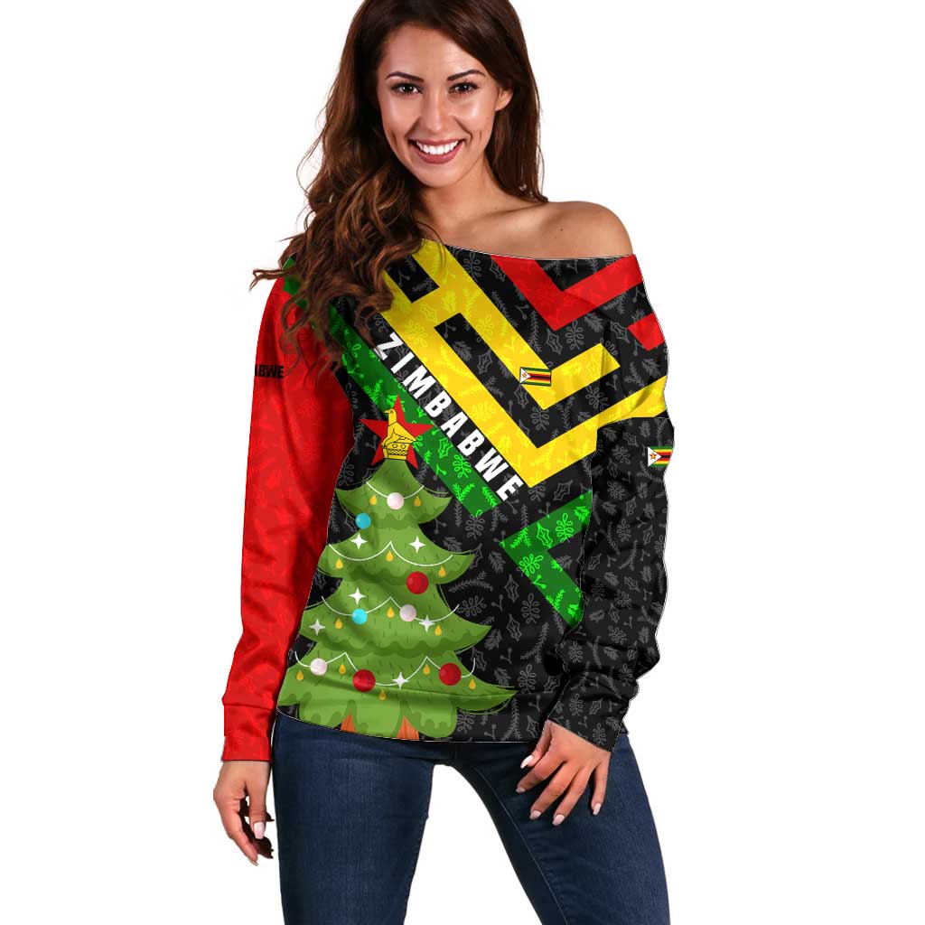 Zimbabwe Christmas Off Shoulder Sweater with Flag Colors Xmas Tree and Holiday - Wonder Print Shop