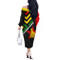 Zimbabwe Christmas Off The Shoulder Long Sleeve Dress with Flag Colors Xmas Tree and Holiday - Wonder Print Shop