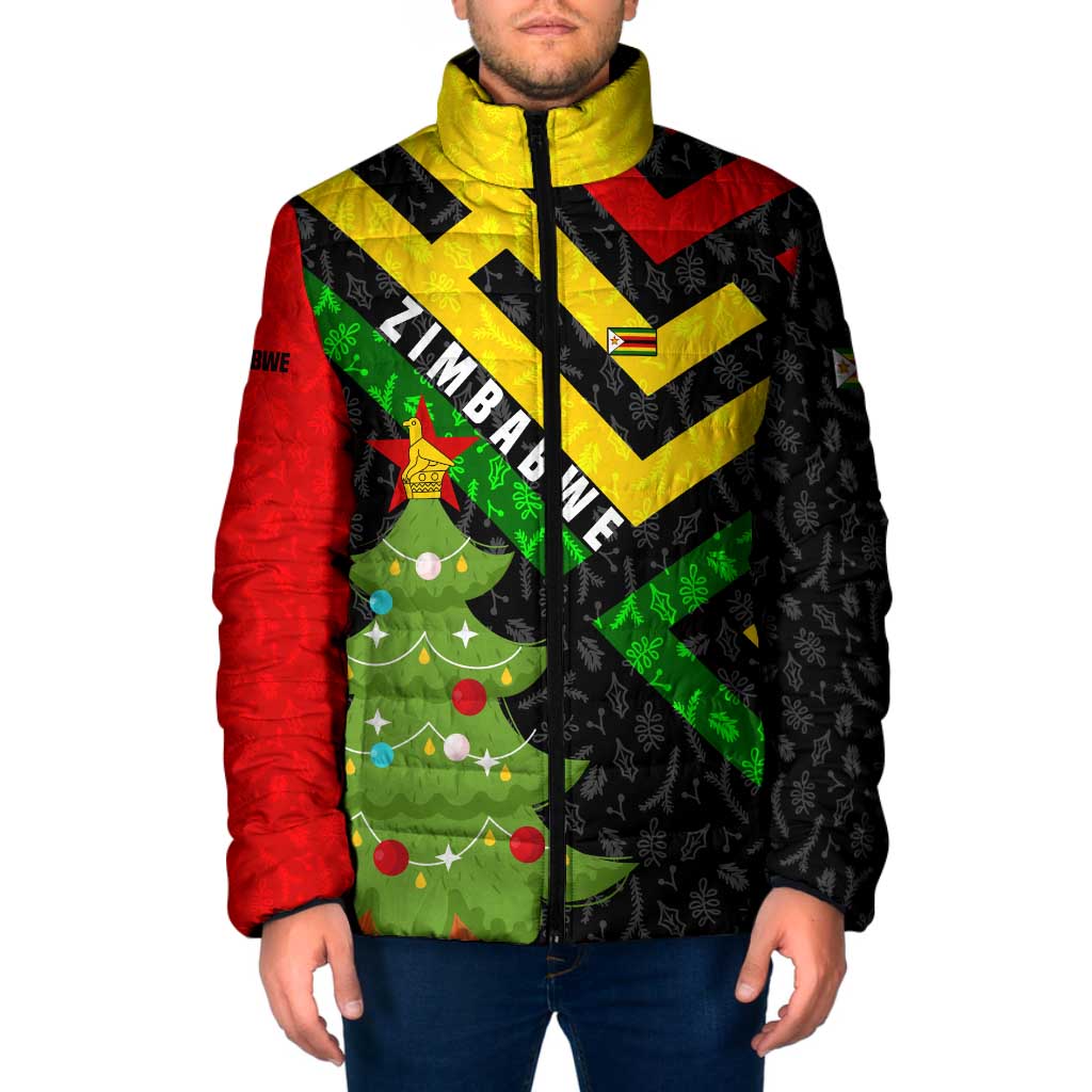 Zimbabwe Christmas Padded Jacket with Flag Colors Xmas Tree and Holiday - Wonder Print Shop