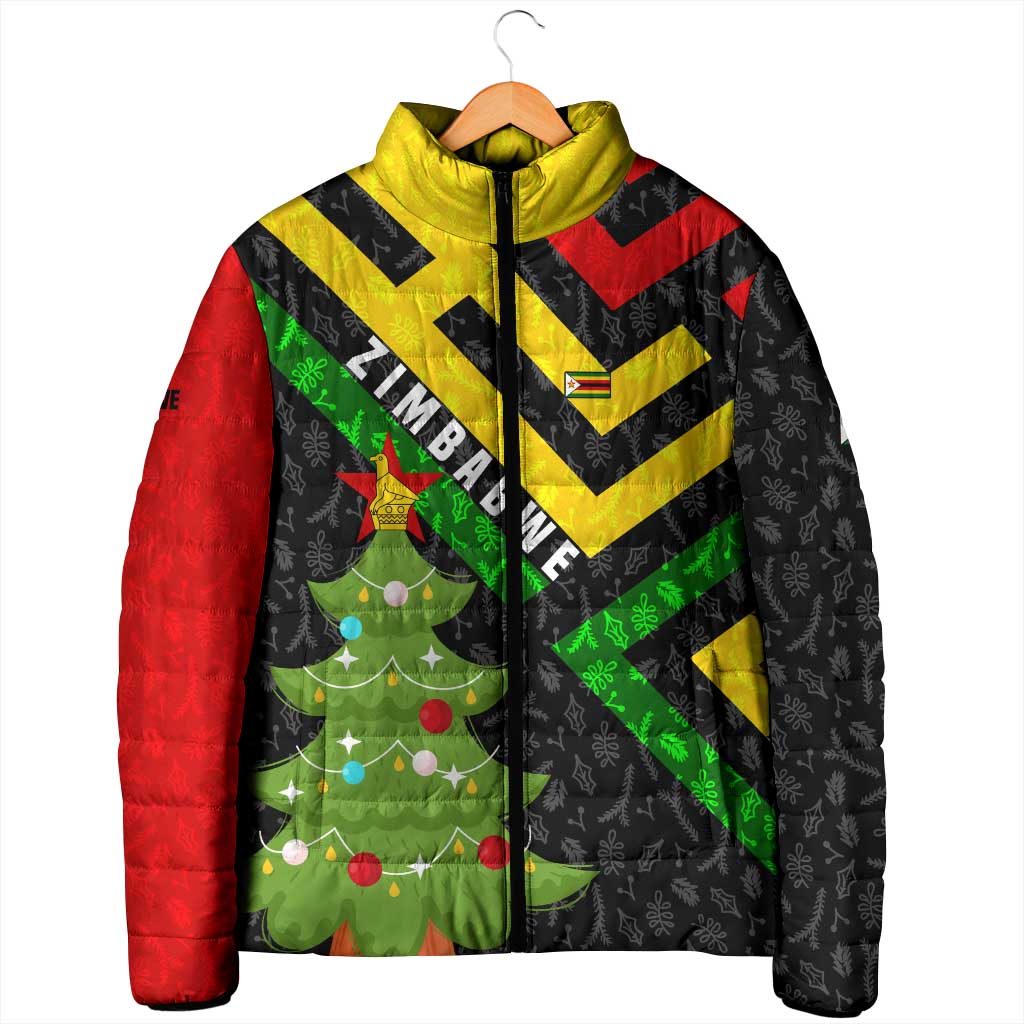 Zimbabwe Christmas Padded Jacket with Flag Colors Xmas Tree and Holiday - Wonder Print Shop