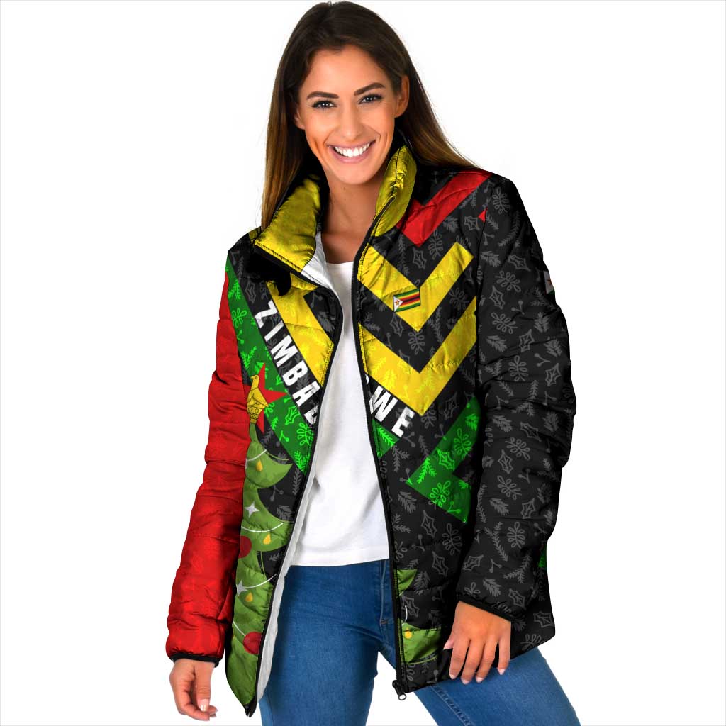 Zimbabwe Christmas Padded Jacket with Flag Colors Xmas Tree and Holiday - Wonder Print Shop