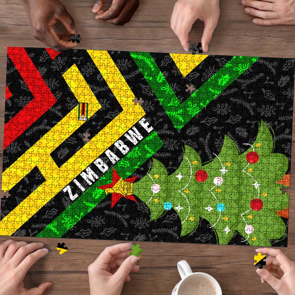 Zimbabwe Christmas Puzzle with Flag Colors Xmas Tree and Holiday - Wonder Print Shop