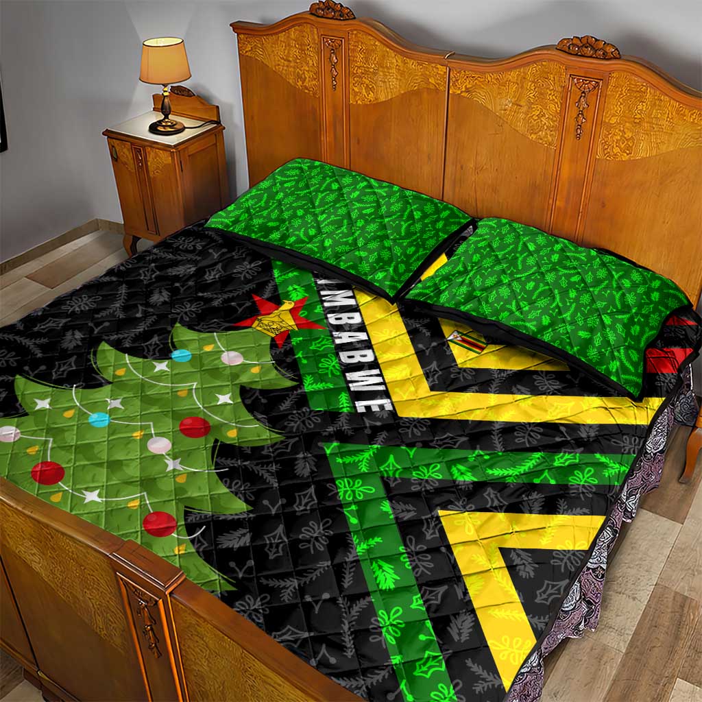 Zimbabwe Christmas Quilt Bed Set with Flag Colors Xmas Tree and Holiday - Wonder Print Shop