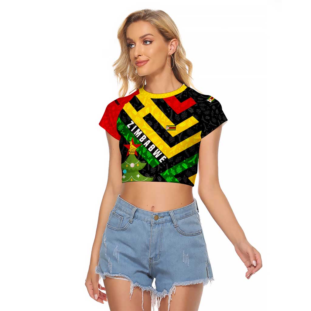 Zimbabwe Christmas Raglan Cropped T Shirt with Flag Colors Xmas Tree and Holiday - Wonder Print Shop