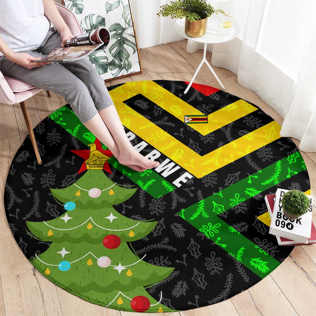 Zimbabwe Christmas Round Carpet with Flag Colors Xmas Tree and Holiday - Wonder Print Shop
