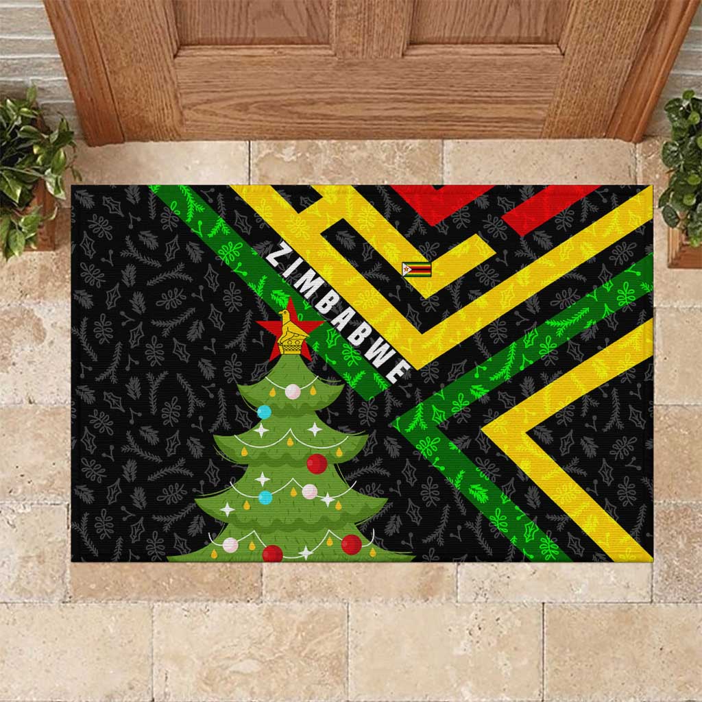 Zimbabwe Christmas Rubber Doormat with Flag Colors Xmas Tree and Holiday - Wonder Print Shop