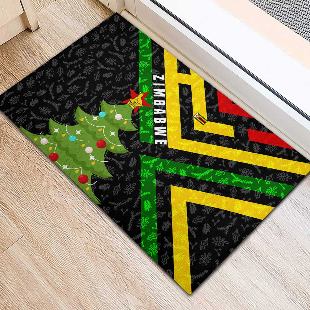 Zimbabwe Christmas Rubber Doormat with Flag Colors Xmas Tree and Holiday - Wonder Print Shop