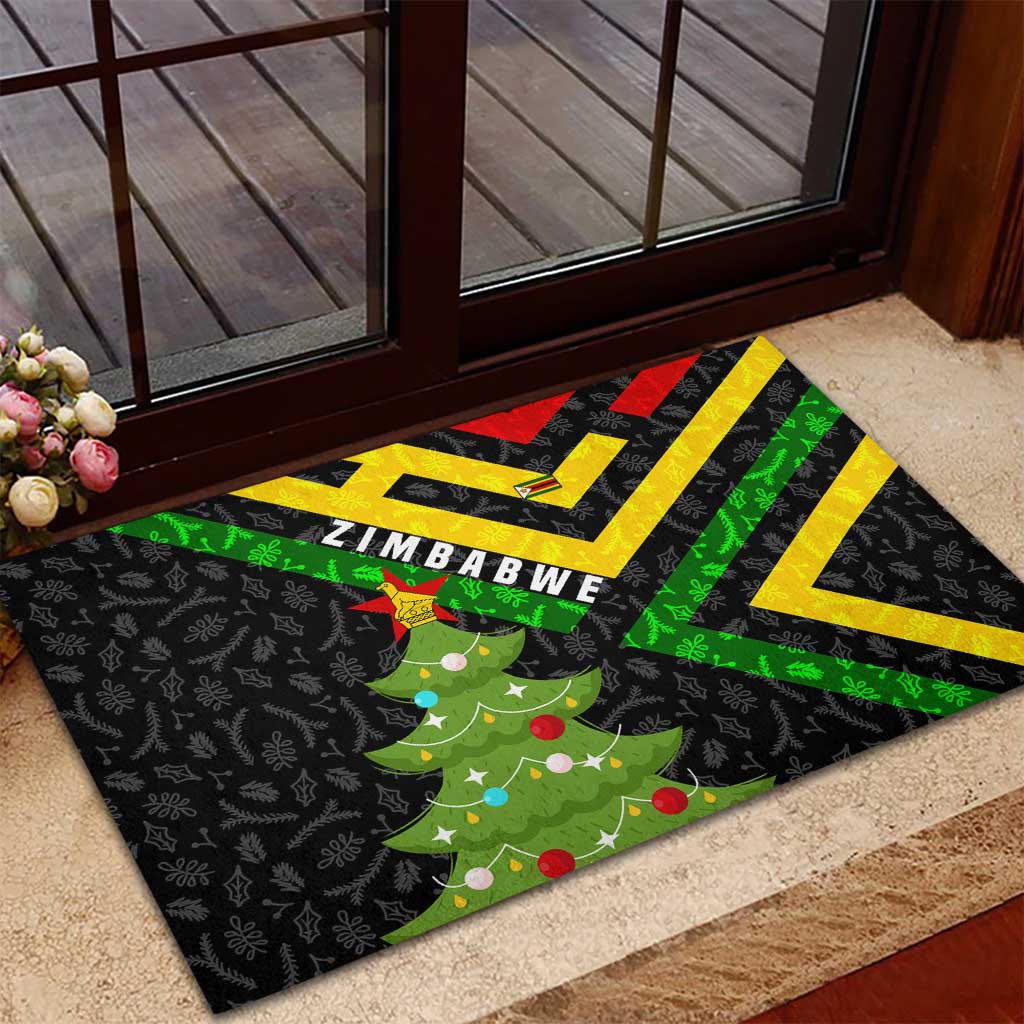 Zimbabwe Christmas Rubber Doormat with Flag Colors Xmas Tree and Holiday - Wonder Print Shop