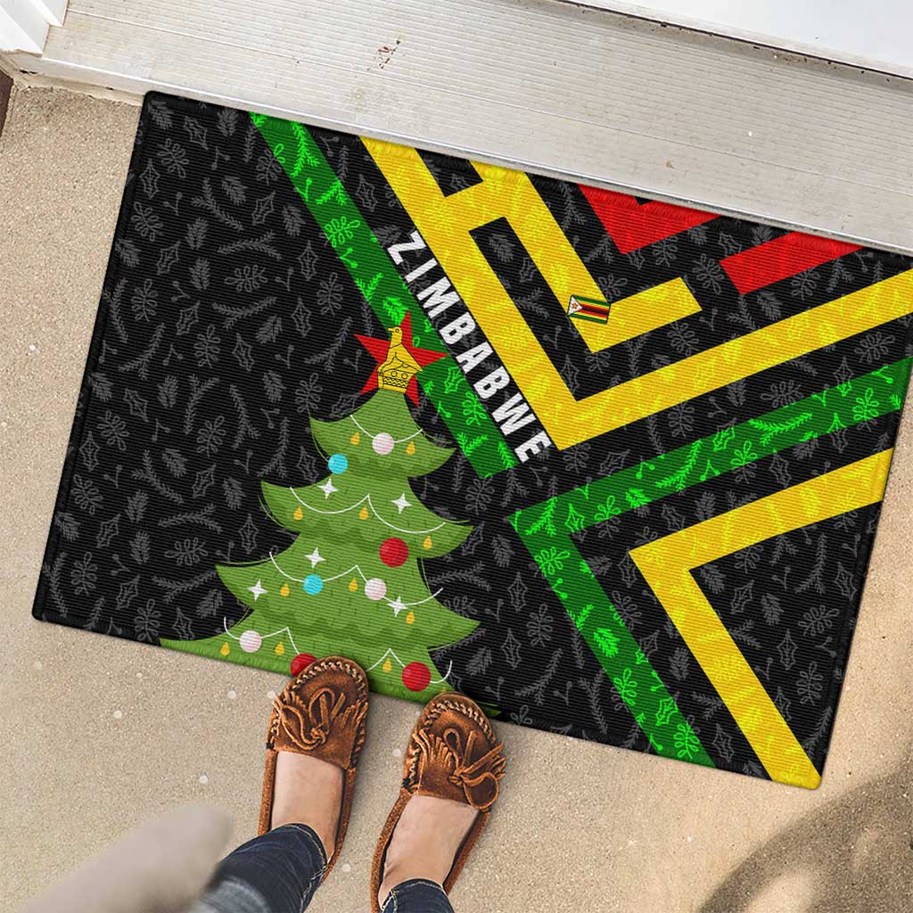 Zimbabwe Christmas Rubber Doormat with Flag Colors Xmas Tree and Holiday - Wonder Print Shop