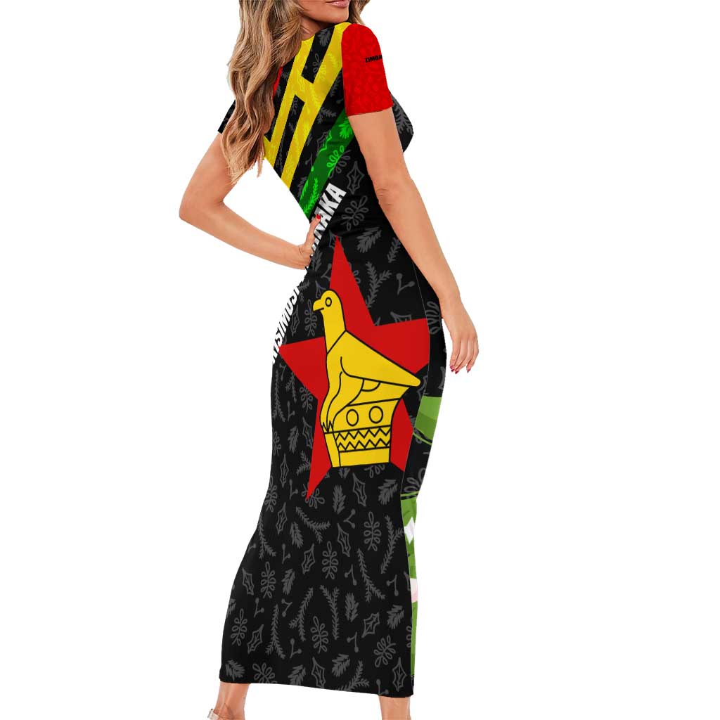 Zimbabwe Christmas Short Sleeve Bodycon Dress with Flag Colors Xmas Tree and Holiday - Wonder Print Shop