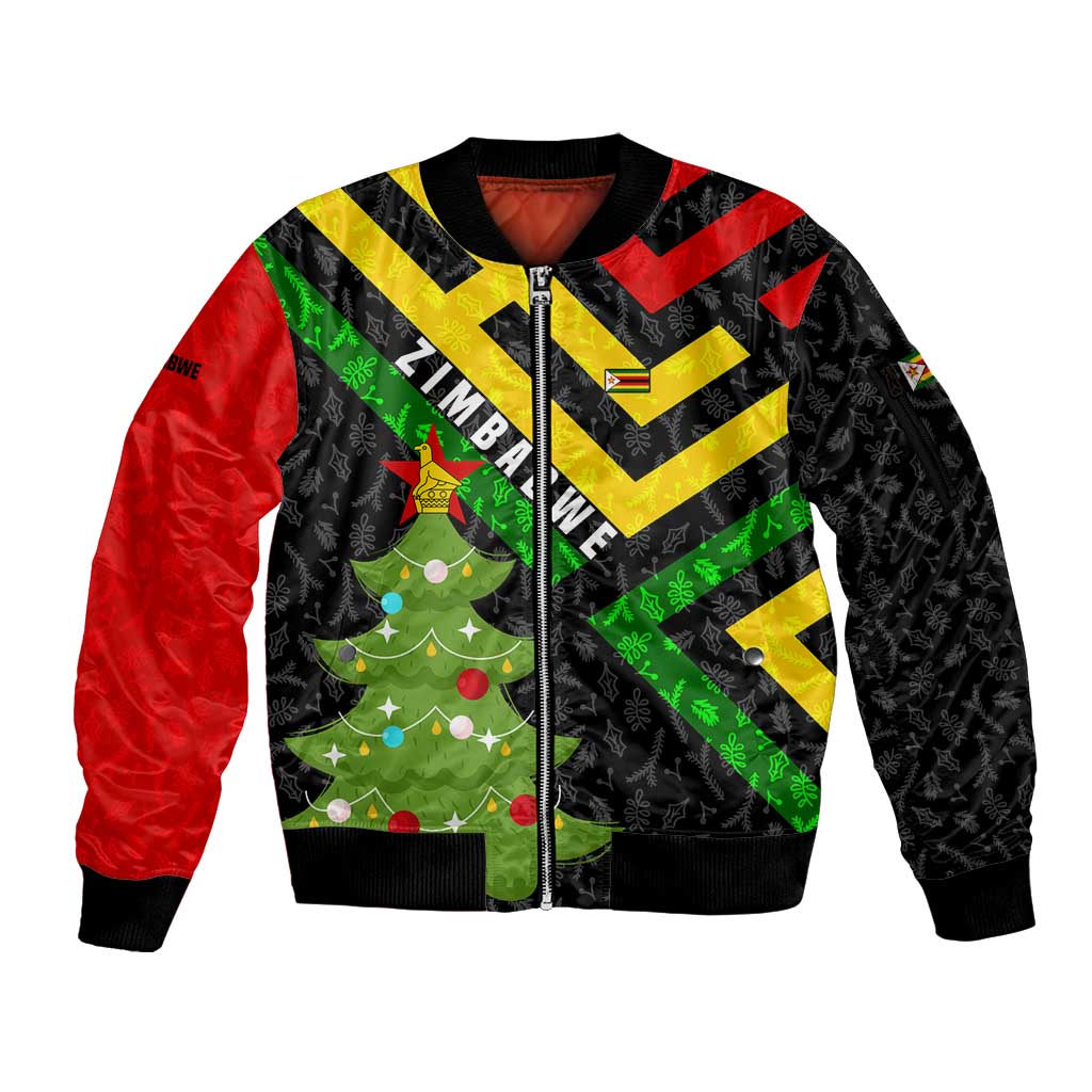 Zimbabwe Christmas Sleeve Zip Bomber Jacket with Flag Colors Xmas Tree and Holiday - Wonder Print Shop