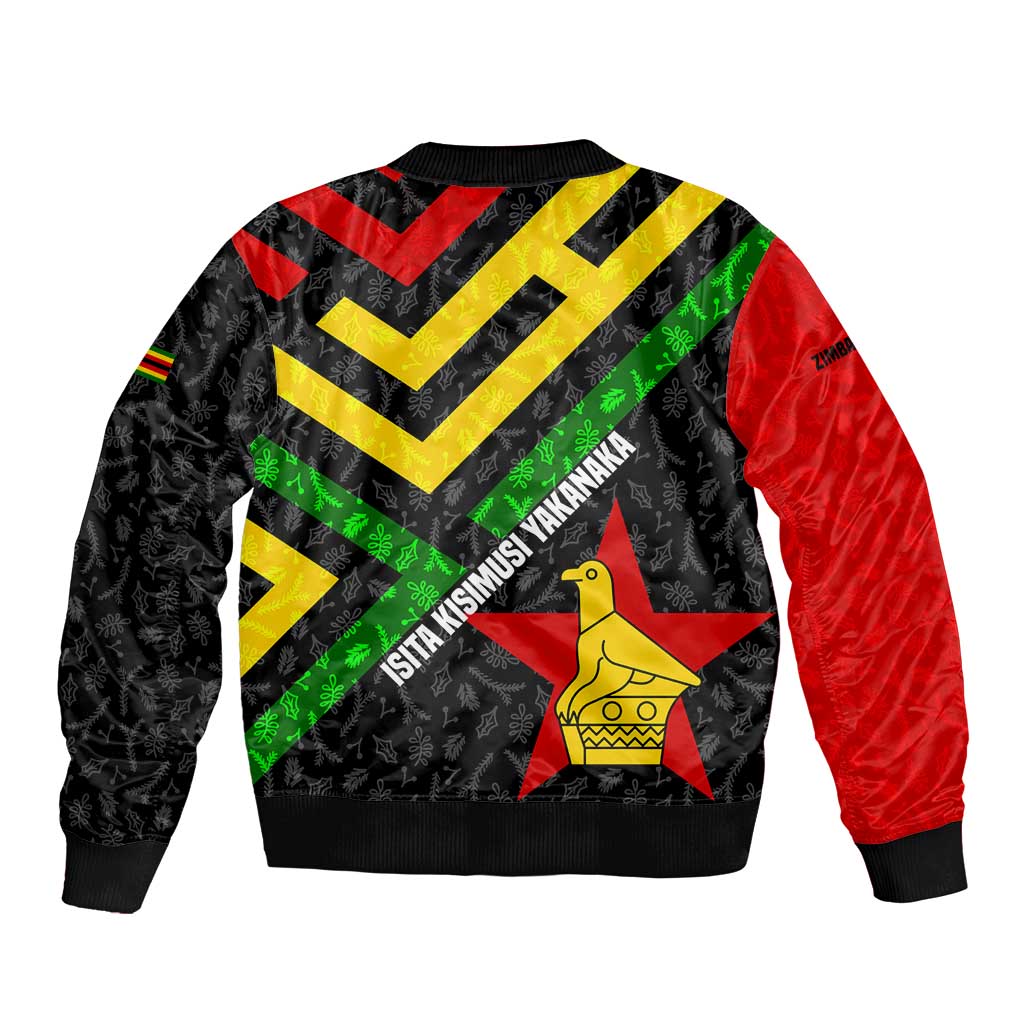 Zimbabwe Christmas Sleeve Zip Bomber Jacket with Flag Colors Xmas Tree and Holiday - Wonder Print Shop