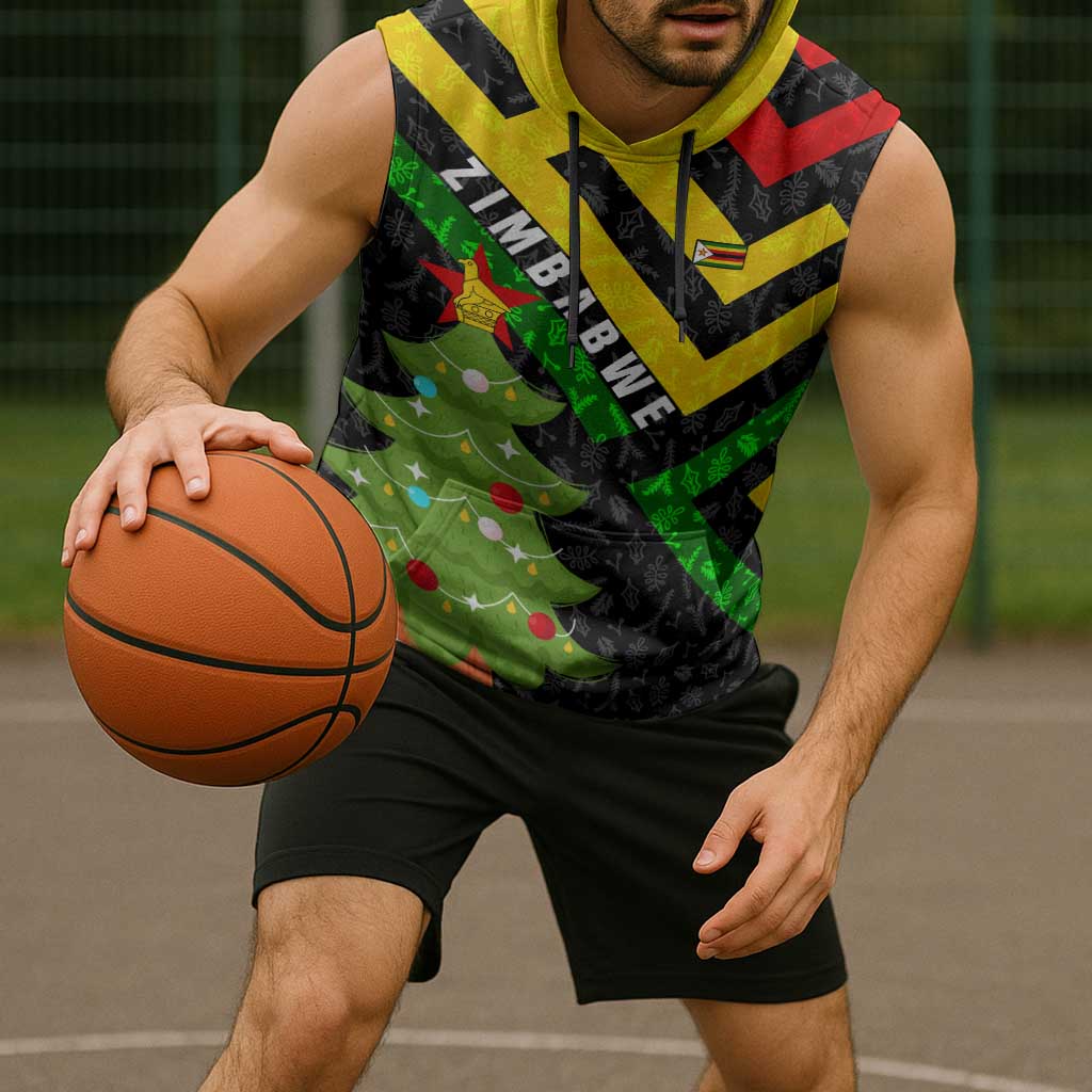 Zimbabwe Christmas Sleeveless Hoodie with Flag Colors Xmas Tree and Holiday - Wonder Print Shop