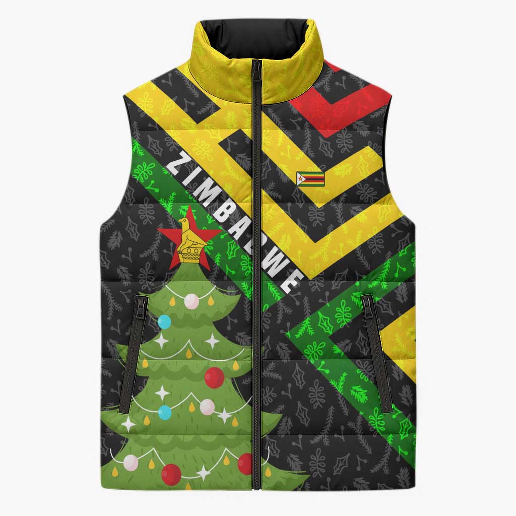 Zimbabwe Christmas Sleeveless Puffer Jacket with Flag Colors Xmas Tree and Holiday - Wonder Print Shop