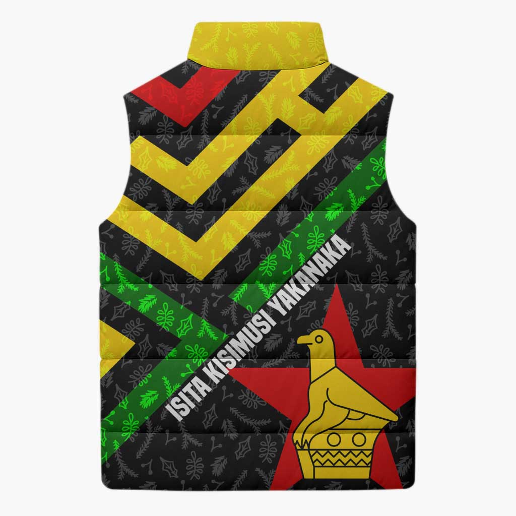 Zimbabwe Christmas Sleeveless Puffer Jacket with Flag Colors Xmas Tree and Holiday - Wonder Print Shop