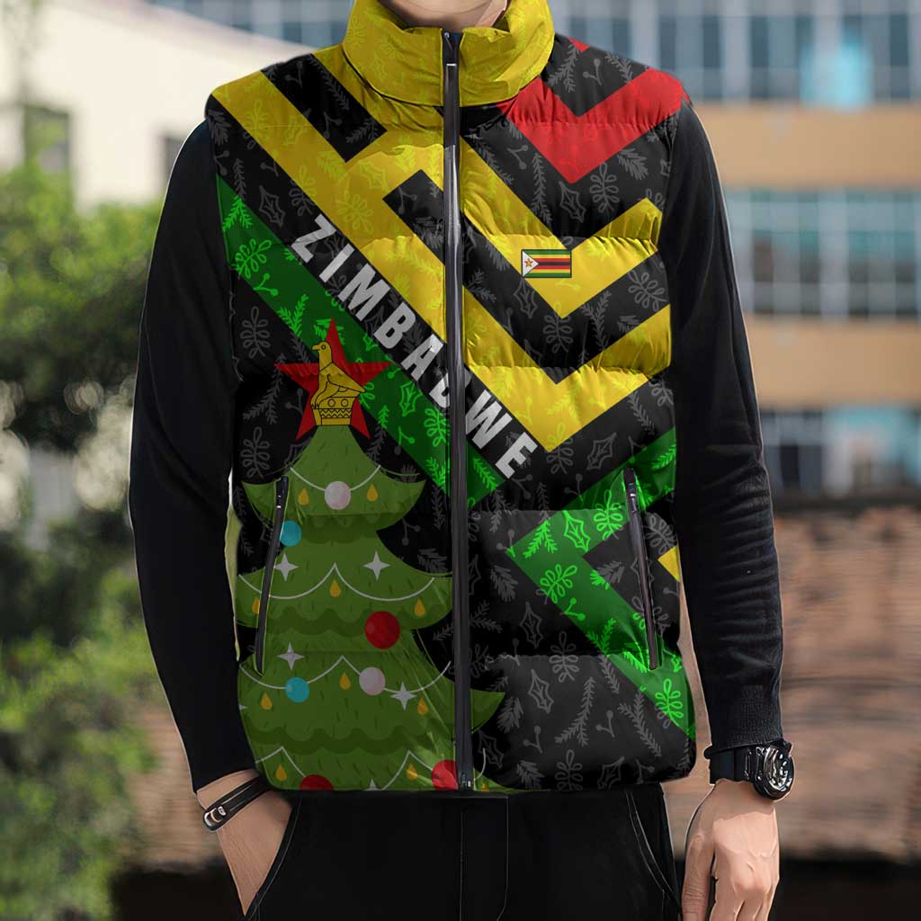 Zimbabwe Christmas Sleeveless Puffer Jacket with Flag Colors Xmas Tree and Holiday - Wonder Print Shop