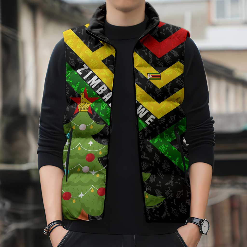 Zimbabwe Christmas Sleeveless Puffer Jacket with Flag Colors Xmas Tree and Holiday - Wonder Print Shop