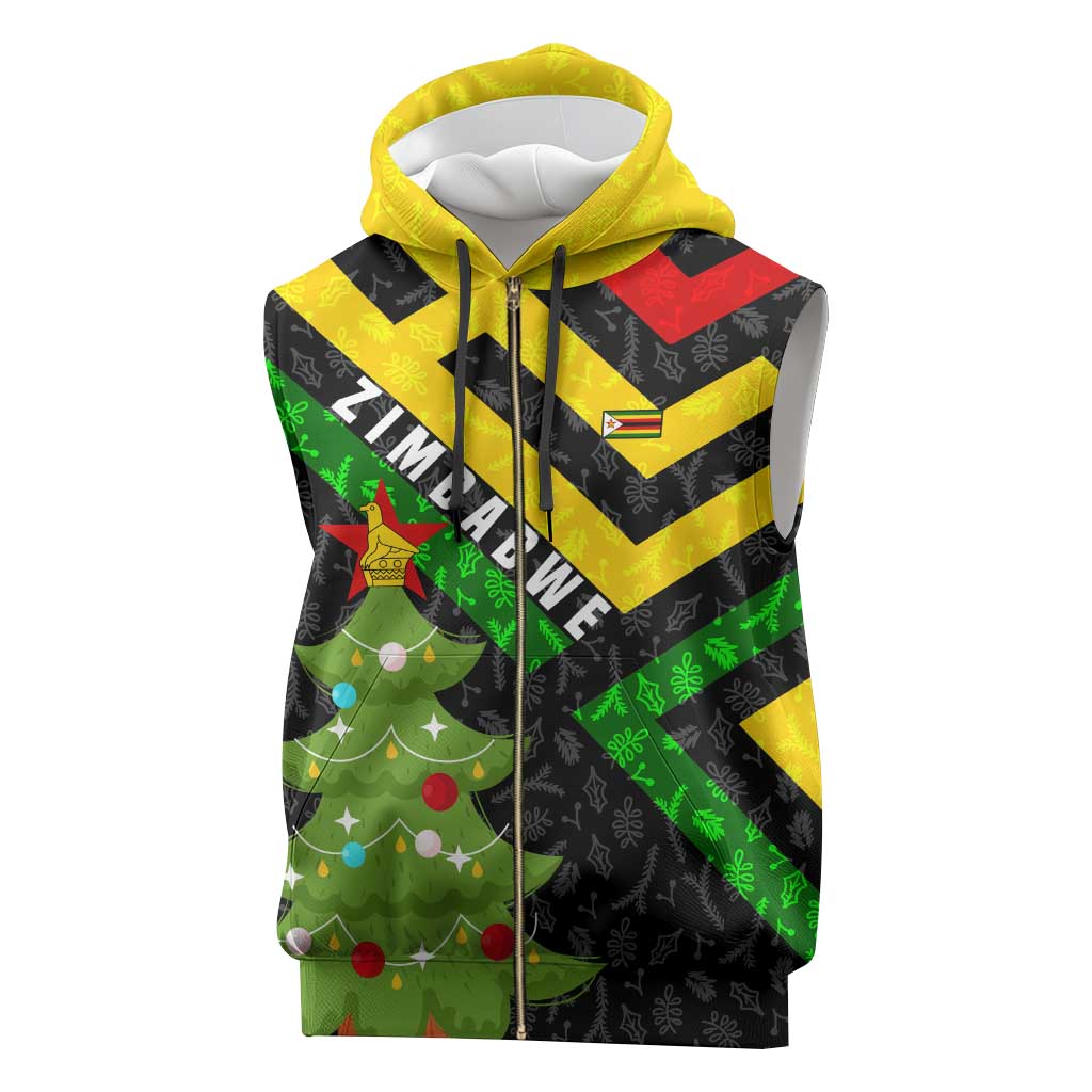 Zimbabwe Christmas Sleeveless Zip Hoodie with Flag Colors Xmas Tree and Holiday - Wonder Print Shop