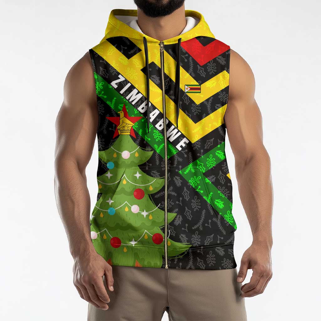 Zimbabwe Christmas Sleeveless Zip Hoodie with Flag Colors Xmas Tree and Holiday - Wonder Print Shop