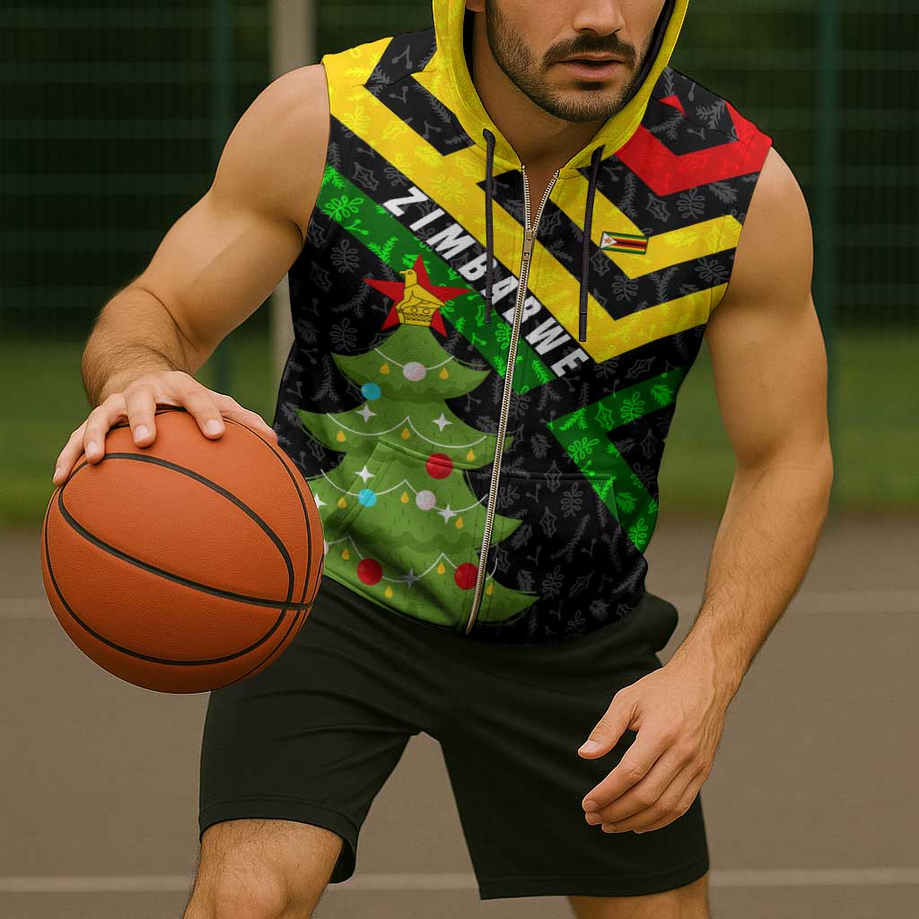 Zimbabwe Christmas Sleeveless Zip Hoodie with Flag Colors Xmas Tree and Holiday - Wonder Print Shop