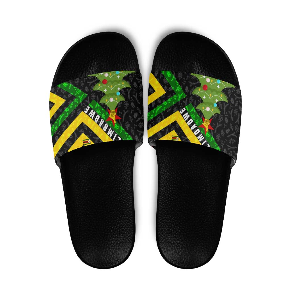 Zimbabwe Christmas Slide Sandals with Flag Colors Xmas Tree and Holiday - Wonder Print Shop