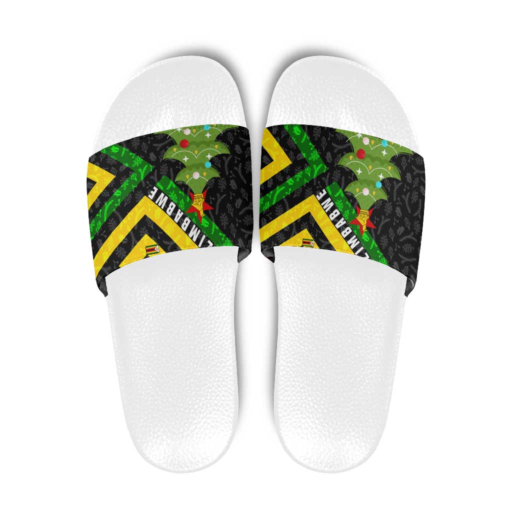 Zimbabwe Christmas Slide Sandals with Flag Colors Xmas Tree and Holiday - Wonder Print Shop