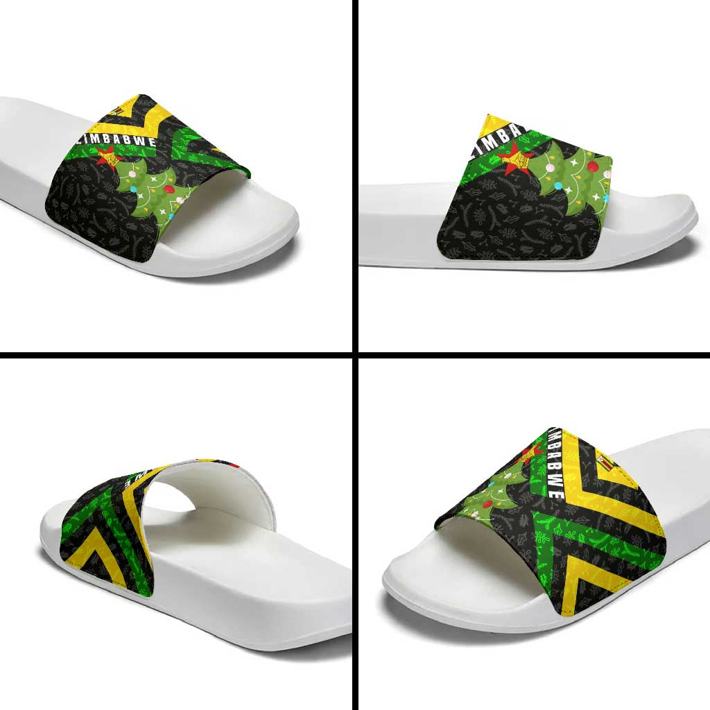 Zimbabwe Christmas Slide Sandals with Flag Colors Xmas Tree and Holiday - Wonder Print Shop