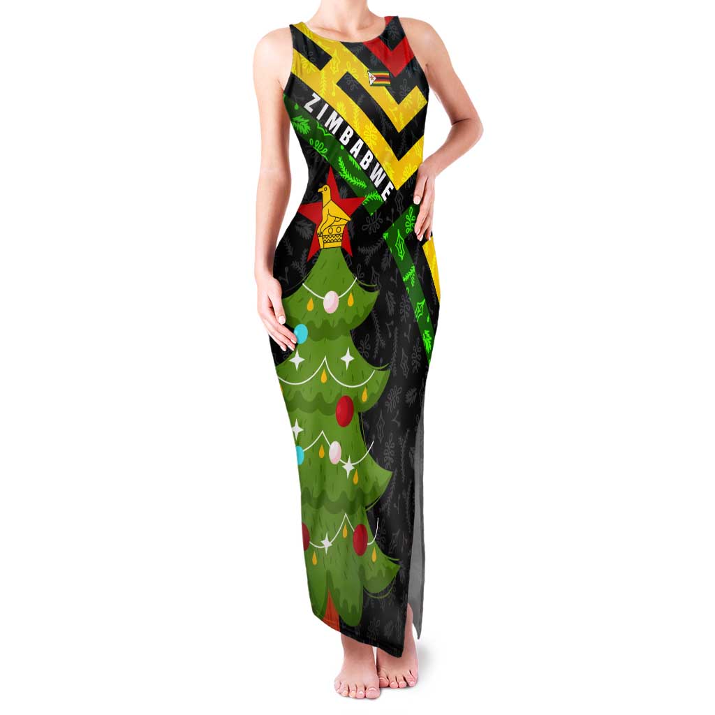 Zimbabwe Christmas Tank Maxi Dress with Flag Colors Xmas Tree and Holiday - Wonder Print Shop