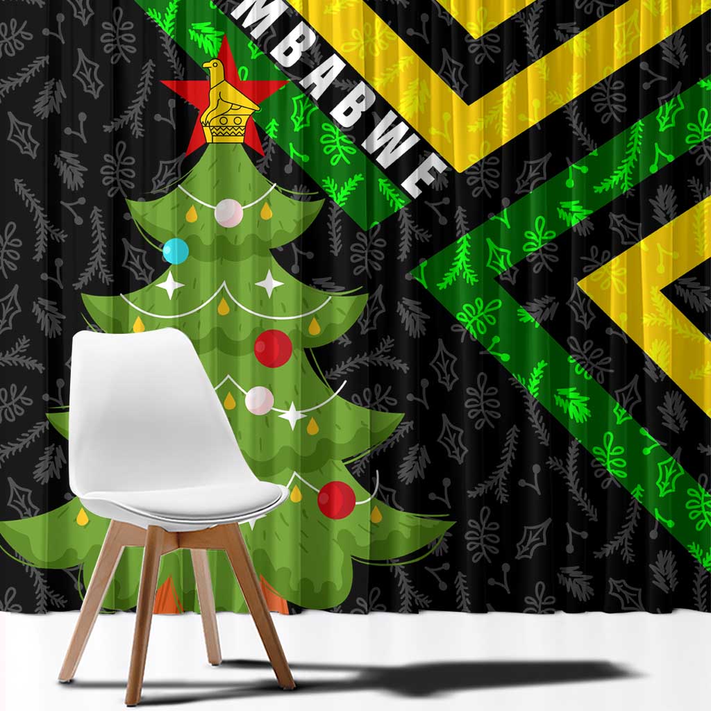 Zimbabwe Christmas Window Curtain with Flag Colors Xmas Tree and Holiday - Wonder Print Shop
