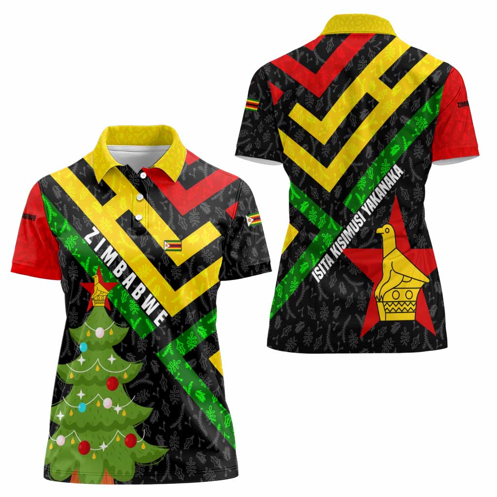 Zimbabwe Christmas Women Polo Shirt with Flag Colors Xmas Tree and Holiday - Wonder Print Shop