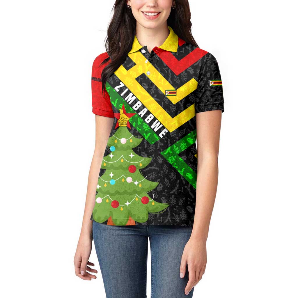 Zimbabwe Christmas Women Polo Shirt with Flag Colors Xmas Tree and Holiday - Wonder Print Shop