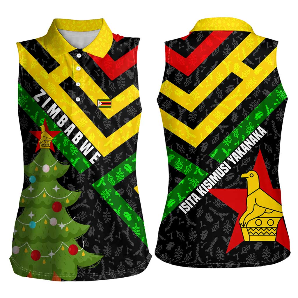 Zimbabwe Christmas Women Sleeveless Polo Shirt with Flag Colors Xmas Tree and Holiday - Wonder Print Shop